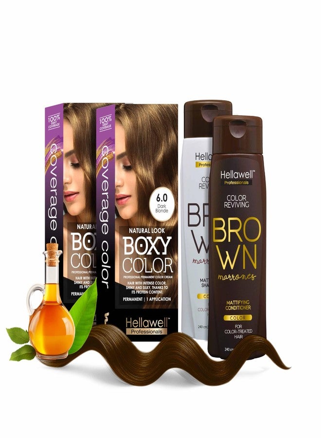 HELLAWELL PROFESSIONALS Professional Coloring kit - Permanent color cream hair dye. Gray Coverage. 6.0 Dark Blonde + Brown Color Shampoo and Conditioner Kit for Revives the Color. - Image 1